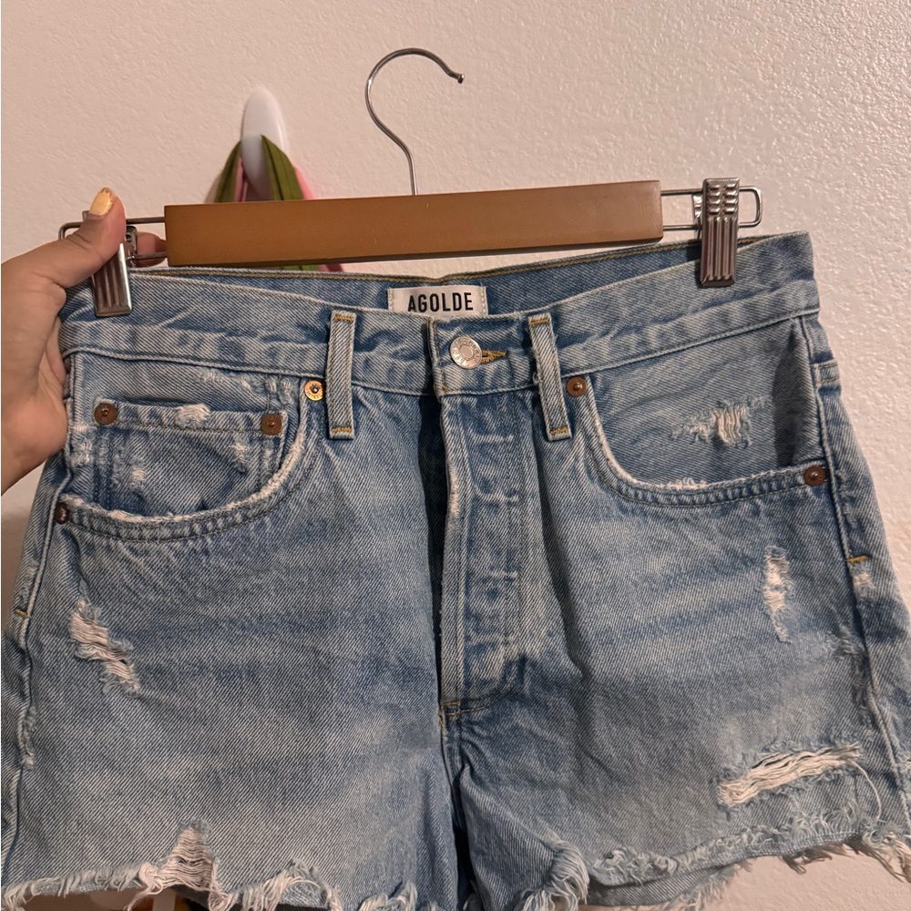 Agolde Light Blue Distressed Jean Shorts